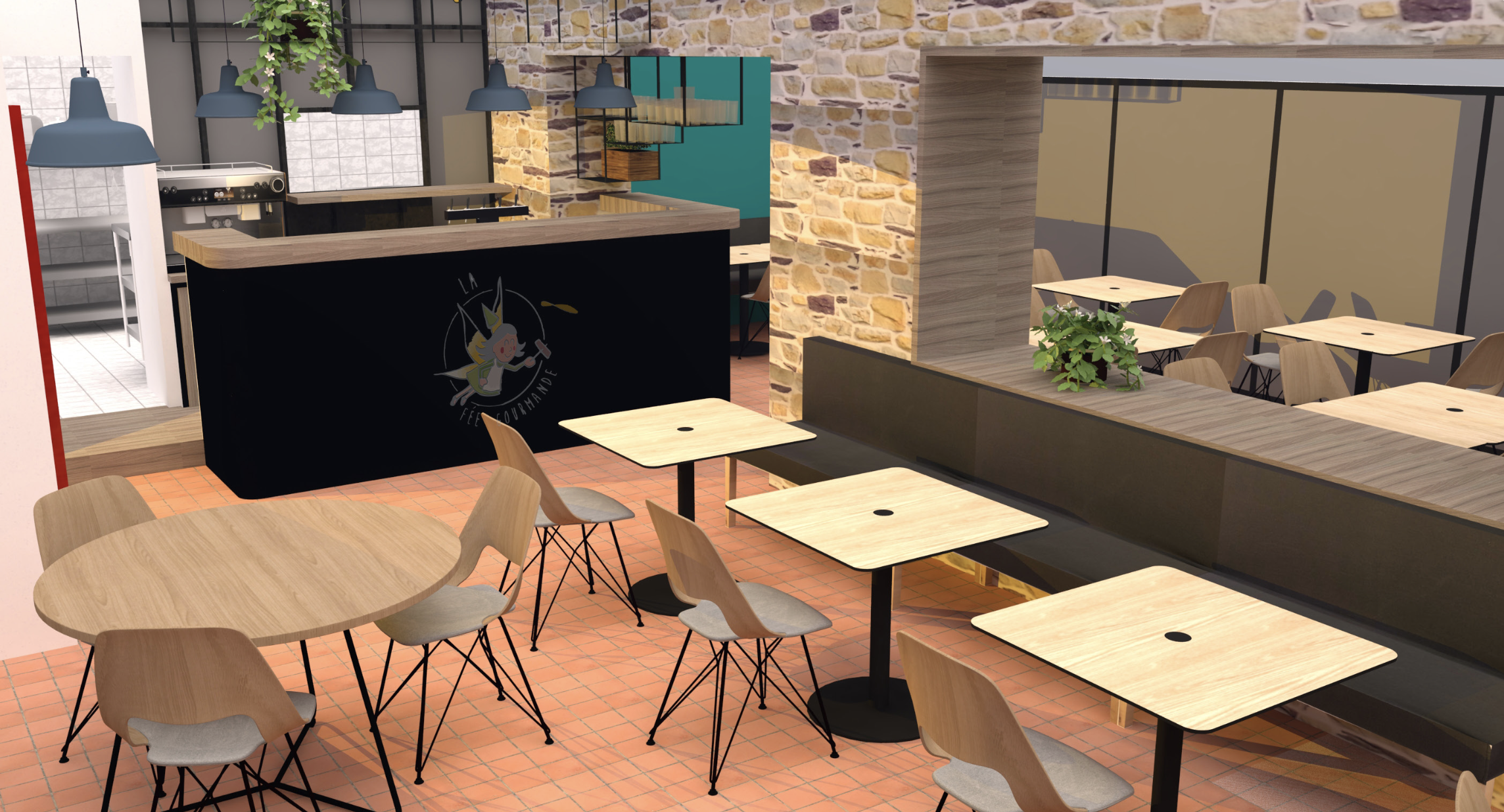 Planche C intérieur de la crêperie de Paimpont architecte Archibien