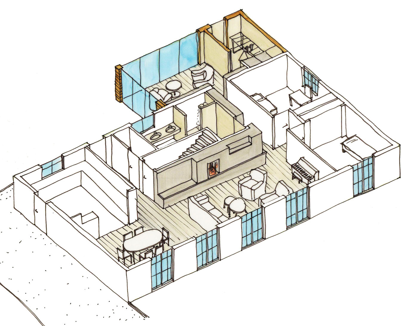 Dessin de la nouvelle organisation de l'étage principal de la maison, dans l'esquisse des architectes