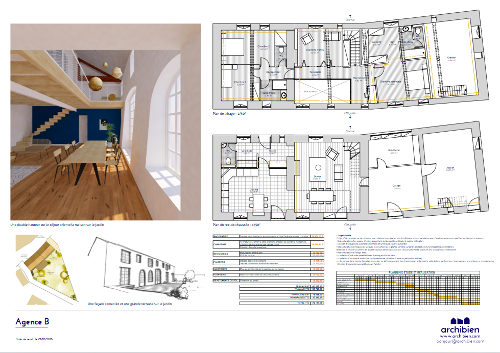 Proposition d'un architecte avec devis, plans des niveaux et perspectives